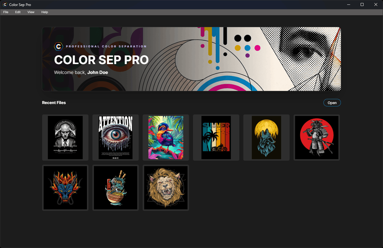 Color Sep Pro — the welcome screen with your recent artwork